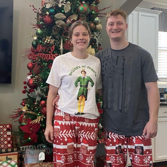 Annay and Nick's first Christmas morning together, and yes their Christmas PJ's were pants with each others faces on them.