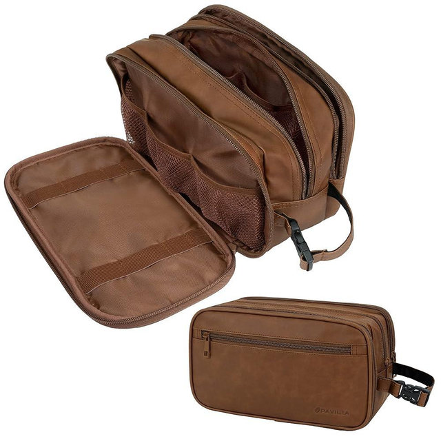 PAVILIA Toiletry Bag for Men, Travel Toiletries Bag | Water-resistant Dopp Kit, PU Leather Shaving Pouch Organizer for Accessories, Cosmetic, Hygiene, Grooming Essentials (Brown)