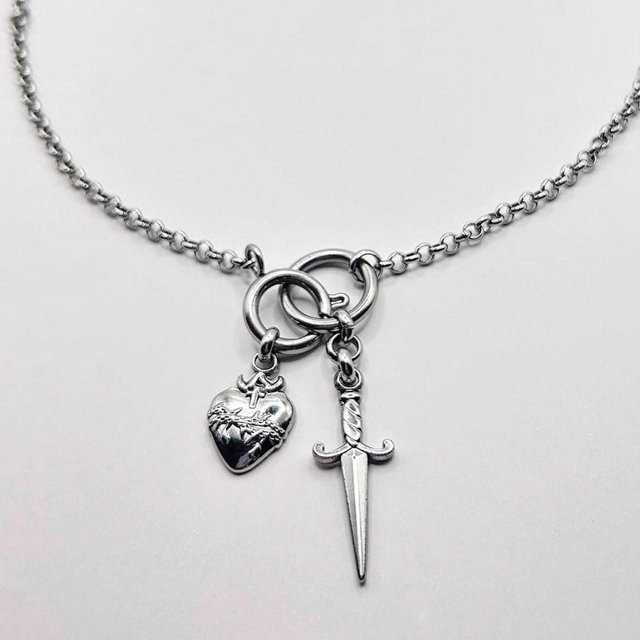 Stainless Steel Sword & Sacred Heart Charm Chain Necklace + O Ring Clasp • Gothic Y2K Silver