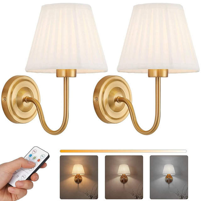 Gold Wireless Wall Sconce Set of 2, Battery Operated Wall Lights with Remote Control & 3 CCT Color Temperature Dimmable Magnetic Bulb, Rechargeable Wall Decor Lamp for Bedroom Living Room Hallway