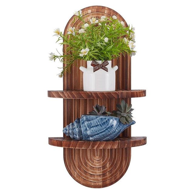INFUNLY DIY Boho Floating Shelf 16.9x6.3x0.6 Inches Brown Plant Wall Shelf 2 Tier Wooden Floating Shelves Rustic Farmhouse Wall Mounted for Home Bathroom Office Holding Planter Decor