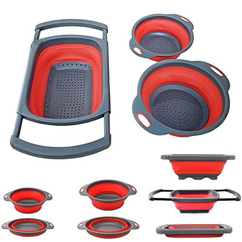 Collapsible Colander - Over the kitchen sink strainer - Silicone Kitchen Strainer Set of 3-6 quart,3 Quart and 2 Quart for Draining Pasta, Vegetable and Fruit (Red)