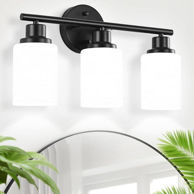 Guliaofo Black Bathroom Light Fixture, 3-Light Vanity Lights for Bathroom, Matte Black Bathroom Light Fixture with Milky White Frosted Glass Shade, Modern Bathroom Wall Lamp for Mirror, Bedroom