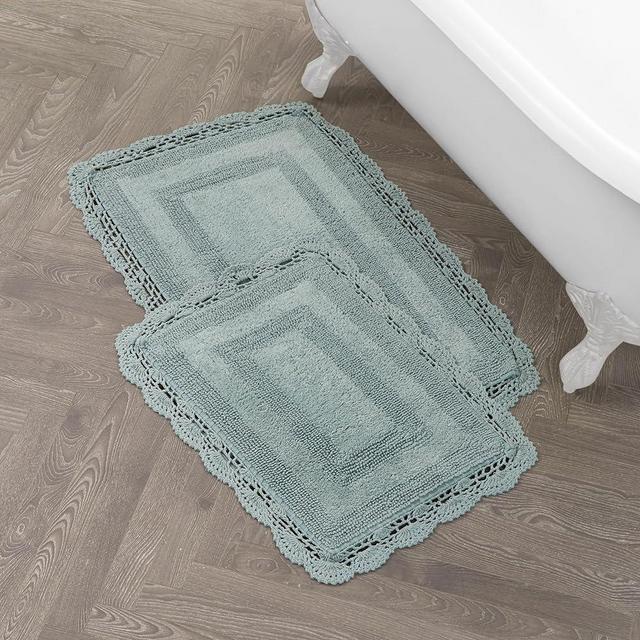 Laura Ashley Crochet Cotton 17x24/21x34 in. 2-Piece Bath Rug Set, Aqua