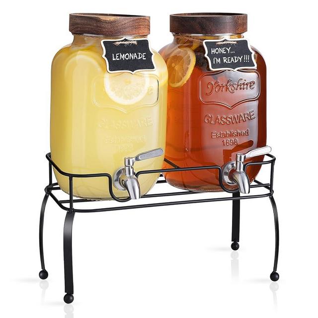 Mustry Glass Drink Dispenser for Parties, 1 Gallon Beverage Dispenser with Stand and Spigot Solid Stainless Steel, Used as Lemonade Dispenser Sun Tea Jar Kombucha Jar, Set of 2