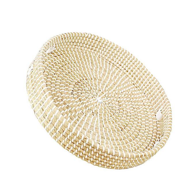 Natural Seagrass Woven Basket Round Serving Tray with Handles Coffee Table Tray Hand Woven Storage Basket for Fruit, Tea, Bread, Breakfast, Drinks, Snack Woven Tray (White Round Tray)