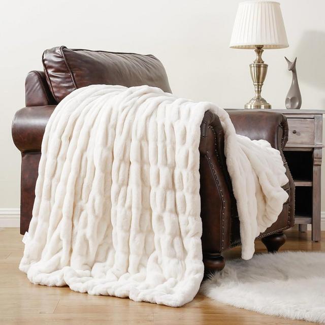 BATTILO HOME Cream Faux Fur Throw Blanket, Double Side Ruched Rabbit Fur Blanket for Couch, Bed, Super Soft Cozy Fuzzy Mink Blanket, 50" x60 (Ivory)