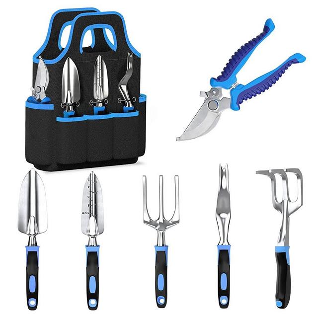 Garden Tool Set, Gardening Gifts for Women & Men，WANCHI 7 Pcs Heavy Duty Aluminum Rustproof Gardening Hand Tools，Blue Gardening Kit ( Garden Tote Shovel Hand Rake Fork Weeder Pruner Transplanter )