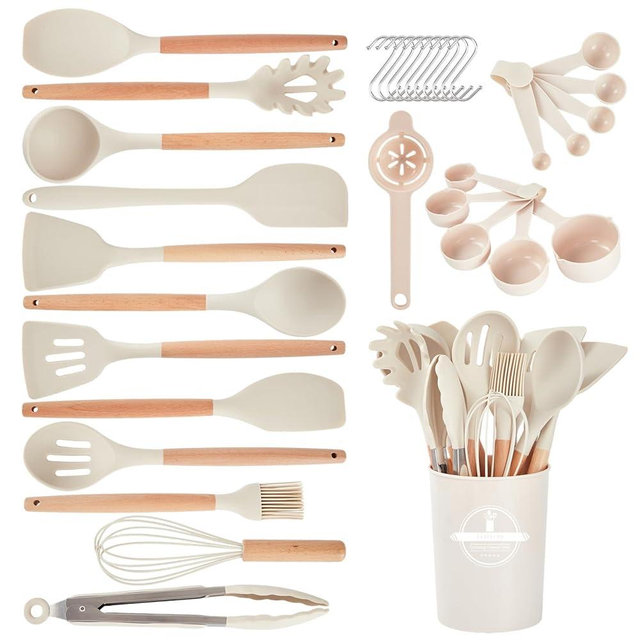 Gaixvny 34 PCS Kitchen Utensils Set - Non-Stick Silicone Cooking Utensils Set with Wooden Handle,Kitchen Gadgets Tools Set for Nonstick Cookware (Cream White-34P)