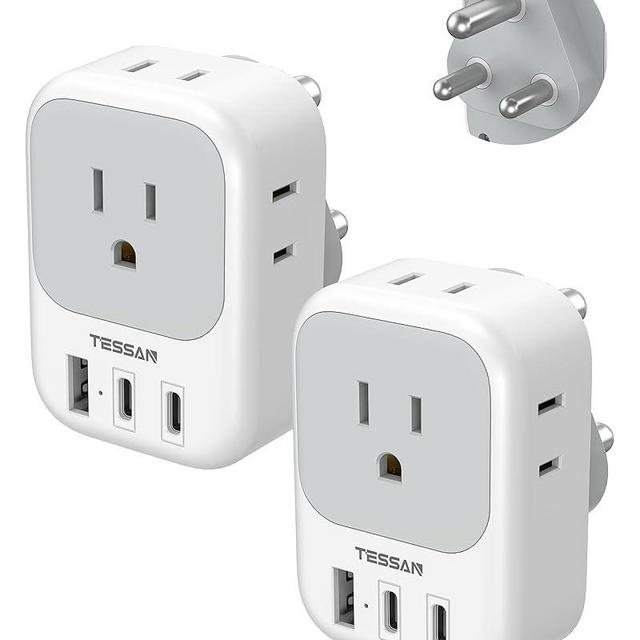 South Africa Plug Adapter 2 Pack, TESSAN Type M Adapter for South Africa with 4 Outlets 3 USB (2 USB-C), Type M Adaptor for US to Namibia Botswana India Nepal Mozambique Sri Lanka