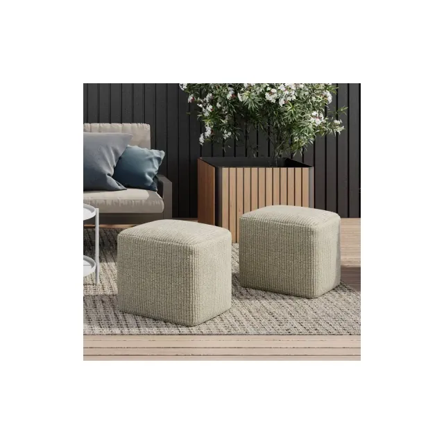 Isadora Square Woven PET Polyester Pouf Cream/Natural - WyndenHall: Indoor/Outdoor, UV Resistant, No Assembly Required