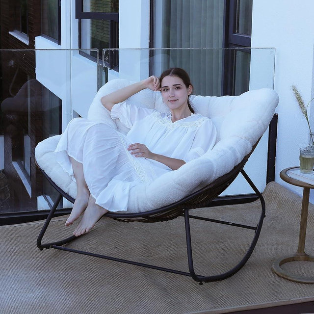 Naga Bahna Papasan Rocking Chair, Rattan Rocking Chair, Oversized Outdoor Chair with Deep Seat Thick Cushion, Patio Rocking Chair for Bedroom/Porch/Garden (White & Black)