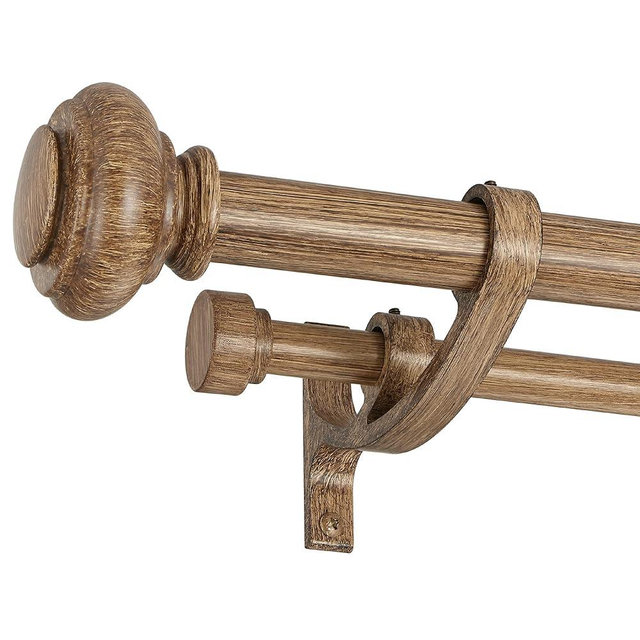 Double Curtain Rods 72 to 144 Inches with Solid Aluminum Alloy Brackets, 1 Inch Adjustable Drapery Rod, Heavy Duty Dual Curtains Rod for Window, Sliding Door, Bedroom Decoration, Brown Wood Grain