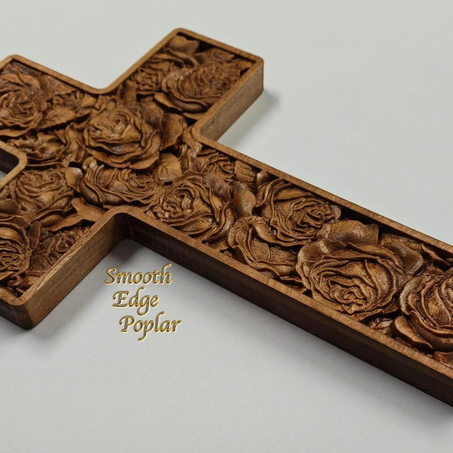 Wood carving of a Christian cross made of a bouquet of roses with small border, Carved from Poplar with keyhole slot for wall hanging