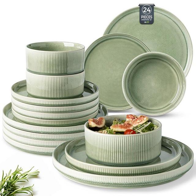 GBHOME Stoneware Dinnerware Sets for 8,Round Reactive Glaze Ceramic Plates and Bowls Set,Highly Scratch Resistant | Dishwasher & Microwave Safe Dishes Set,Service for 8(24pcs)