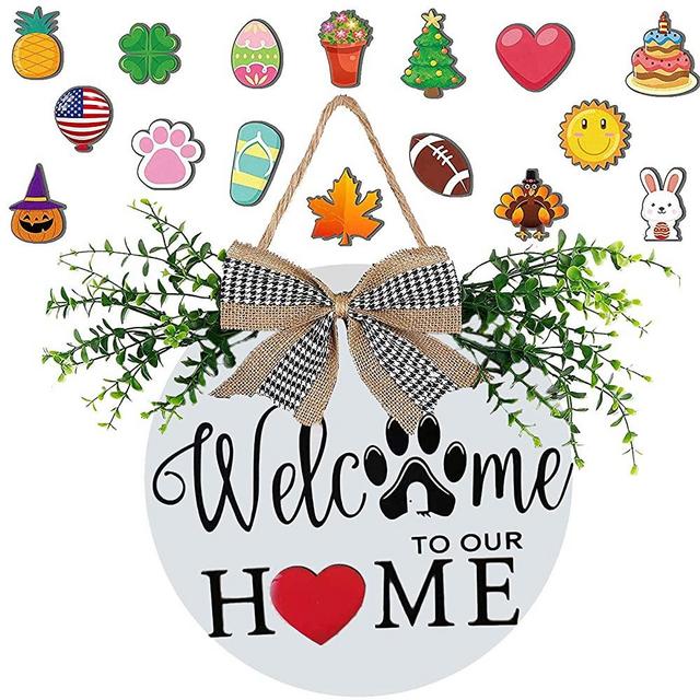 Interchangeable Welcome Sign for Front Door, Wooden Door Hangers with Buffalo Plaid Bow for Every Season, Holiday Home Decor Sign with 16 Changeable Icons (White)