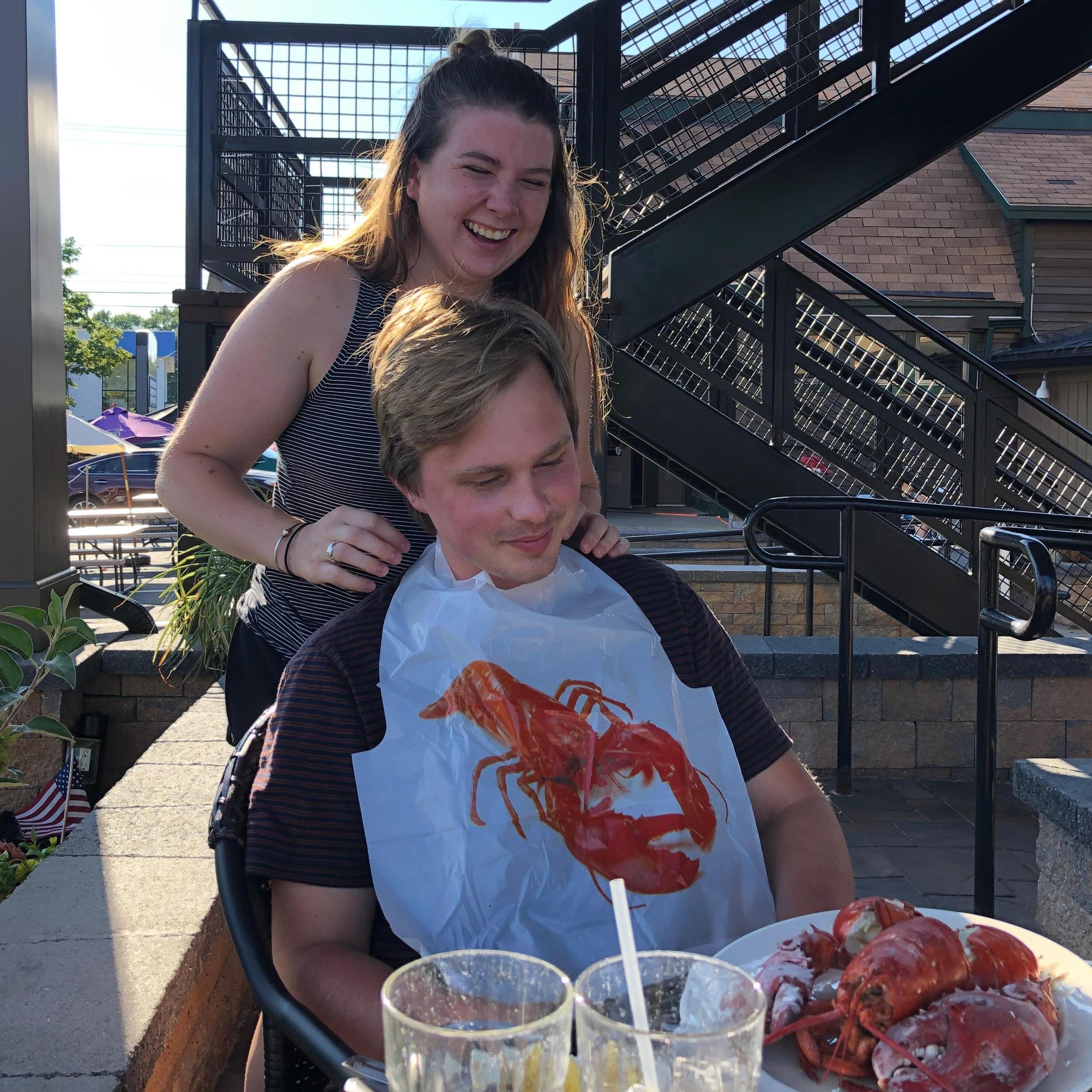 Bibbing Jake up for his first Maine Lobster