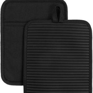KITCHENAID Ribbed Soft Silicone Pot Holder 2-Pack Set, Matte Black, 7"x9"
