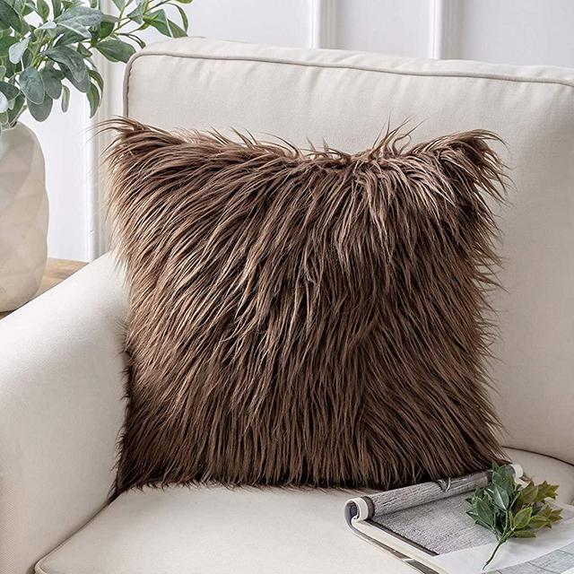 Phantoscope Luxury Series Throw Pillow Cover Faux Fur Mongolian Style Plush Cushion Case for Couch Bed and Chair, Coffee, 22 x 22 inches, 55 x 55 cm
