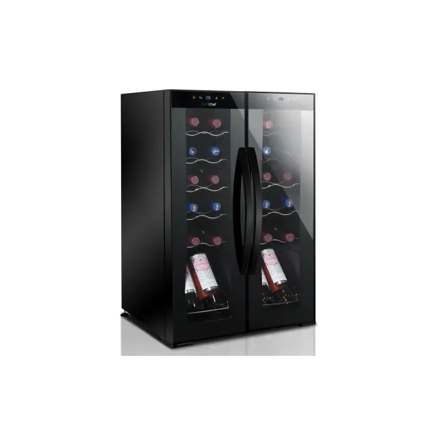 Dual-Zone Wine Cooler for Home with Digital Temperature Control, Black Glass Door, Freestanding Design, 18 Bottle Capacity