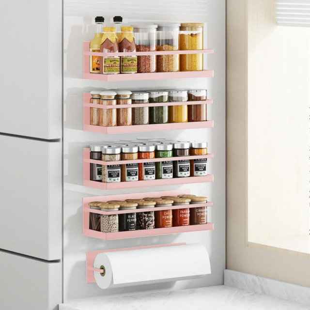 Roysili Magnetic Spice Rack For Refrigerator Magnetic Fridge Shelf For Kitchen Spice Organizer Magnetic Shelf For Fridge Space Saving Pink 4 Pack With Magnetic Paper Towel Holder