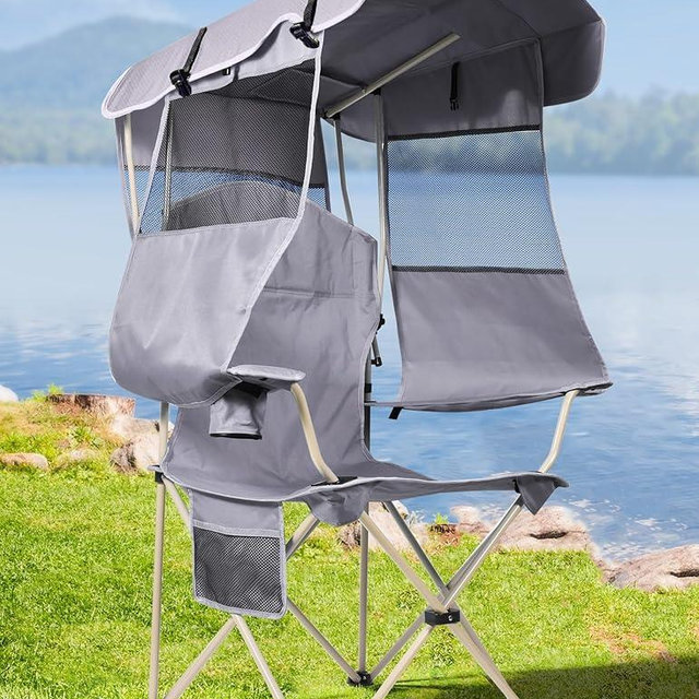 Docusvect Beach Chair with Canopy Shade, Folding Camping Chair with Canopy with Cup Holder, Side Pocket for Camp, Beach, Tailgates, Fishing - Support 330 LBS