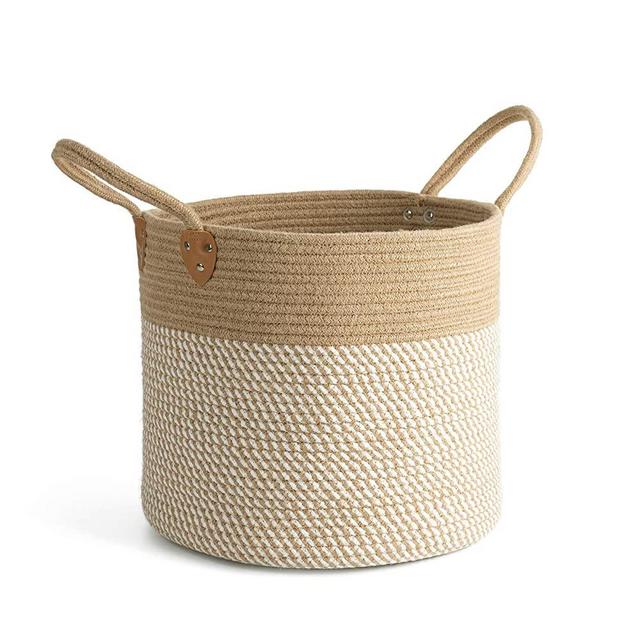CHICVITA Large Jute Basket Woven Storage Basket with Handles – Natural Jute Laundry Basket Toy Towels Blanket Basket Home Decor, White, 14" x 14" x 12"