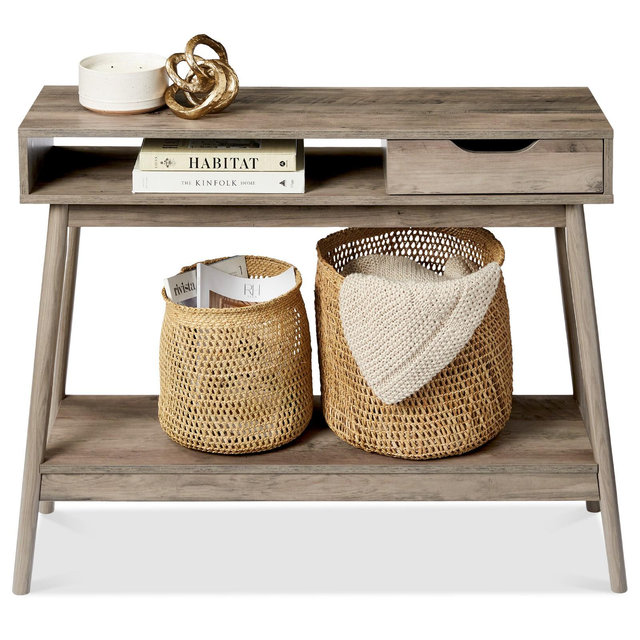 Best Choice Products Mid-Century Modern Hallway Console Table, Space-Saving Sofa Table w/ Cubby, Drawer - Gray Oak