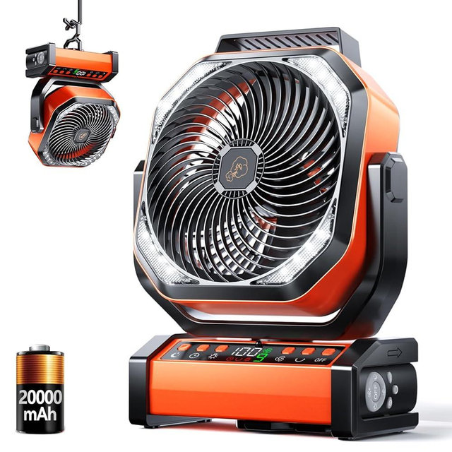 Camping LED Fan with Light, 20000mAh Rechargeable Battery Powered Outdoor Tent Fan with Light and Hook, 8 Speed, Personal USB Desk Fan for Camping, Fishing, Power Outage,Hurricane, Worksite