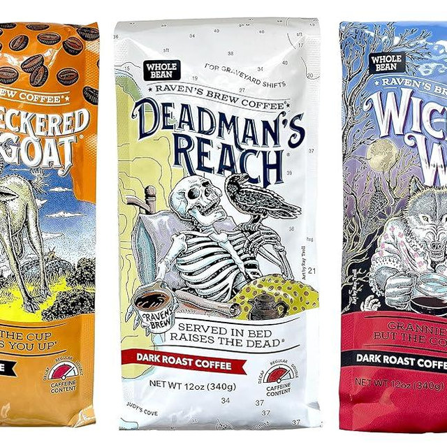 Raven's Brew Whole Bean Coffee Variety Pack - 3 Delicious Flavors - Wicked Wolf, Three Peckered Billy Goat and Deadman's Reach - 12 oz each
