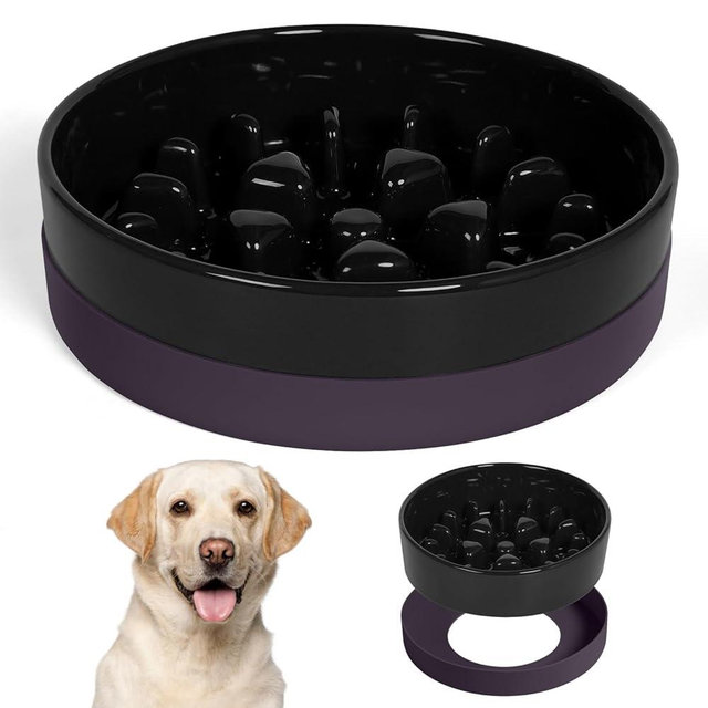 Sted Ceramic Slow Feeder Bowl for Medium Large Breed Dogs - Puzzle Food Bowl With Silicone Base for Fast Eaters, Slows Down Eating - Maze Black