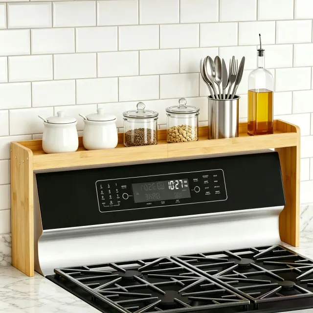 SpaceAid 31.5" Bamboo Over the Stove Spice Shelf - Kitchen Countertop & Oven Top Organizer