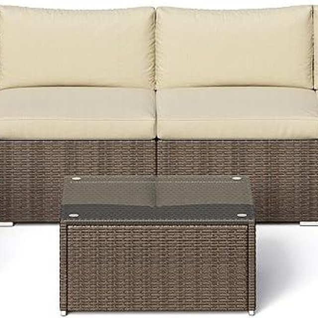 SUNVIVI OUTDOOR 7 Piece Patio Furniture Sets All Weather Gery PE Wicker Couch Sofa with Glass Table, Removable Beige Cushions, Brown Rattan
