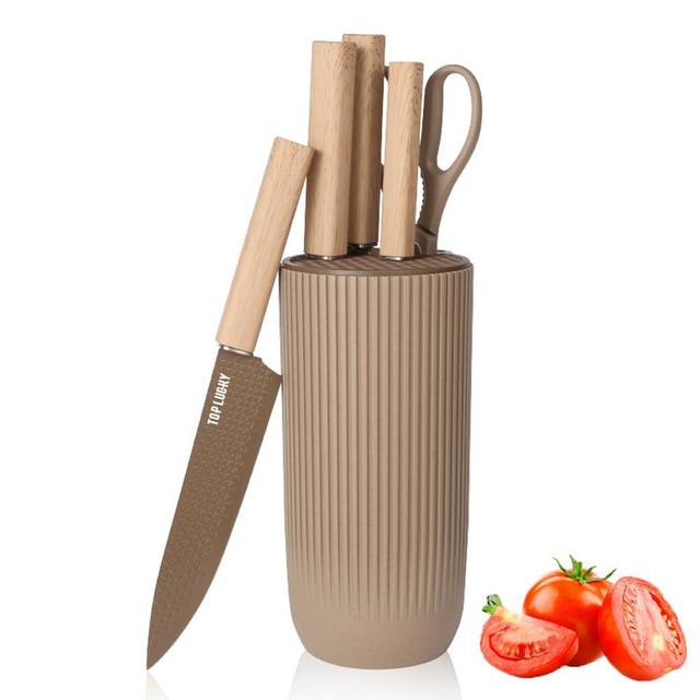 Knife Set, 6-Piece Coffee Professional Kitchen Knife Set for Chef, Super Sharp Knife Set with Universal Knife Block, Anti-Rust Stainless Steel Kitchen Knife Block Set, Ergonomical Design (Coffee)