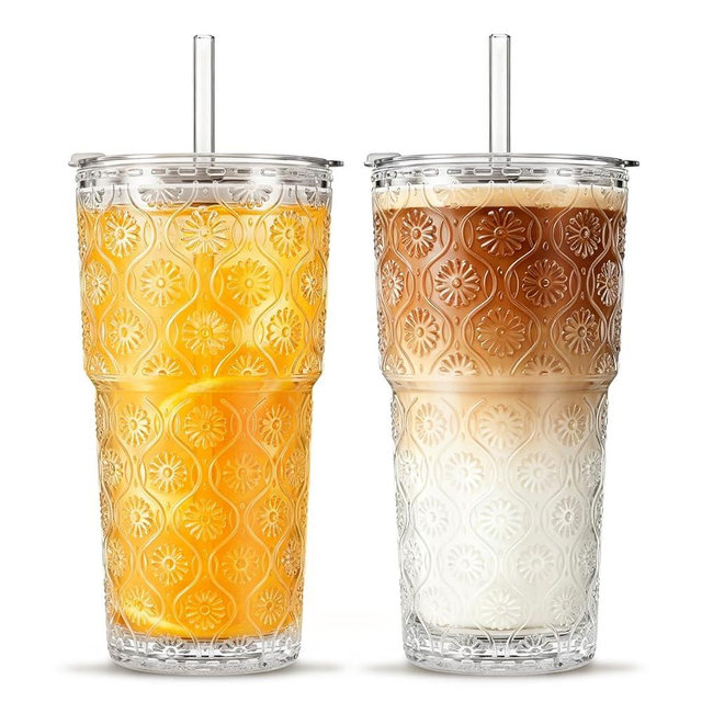 INSETLAN 20oz Begonia Flower Glass Tumbler Set of 2 – Thickened Glass Cups with Lids and Glass Straws for Iced Coffee, Smoothies, Milk, Water, and More – Elegant& Durable Drinkware