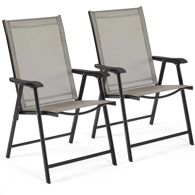 Yaheetech Patio Dining Chairs Set of 2, Portable Dining Chairs with Armrests for Camping, Lawn and Beach, Folding Patio Chairs 2-Pack of Metal Frame, Brown