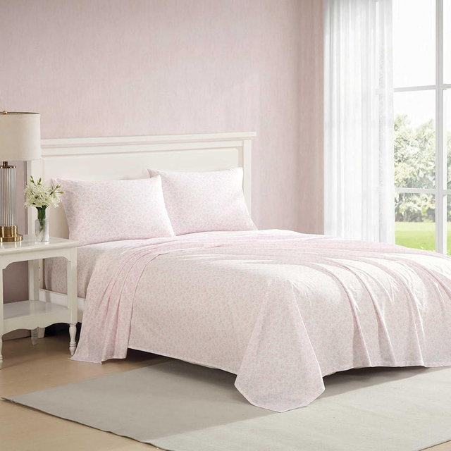Laura Ashley - Queen Sheet Set, Crisp & Cool Cotton Percale Bedding with Deep Pockets, Lightweight for Year Round Comfort, Bed Sheets with Matching Pillowcases (Floral Toile Pink)