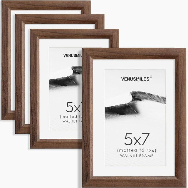 Venusmiles 5x7 Picture Frame Set of 4 Natural Solid Walnut Photo Frames with 4x6 Removable Mat Wall Hanging Large Handcrafted Frame with HD Plexiglass Wall and Tabletop Display Large Poster Frame