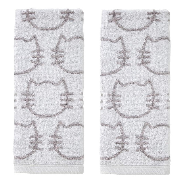 SKL Home Cat Hand Towel 2pc Set for Bath/Kitchen/Bar & Gift, White/Gray