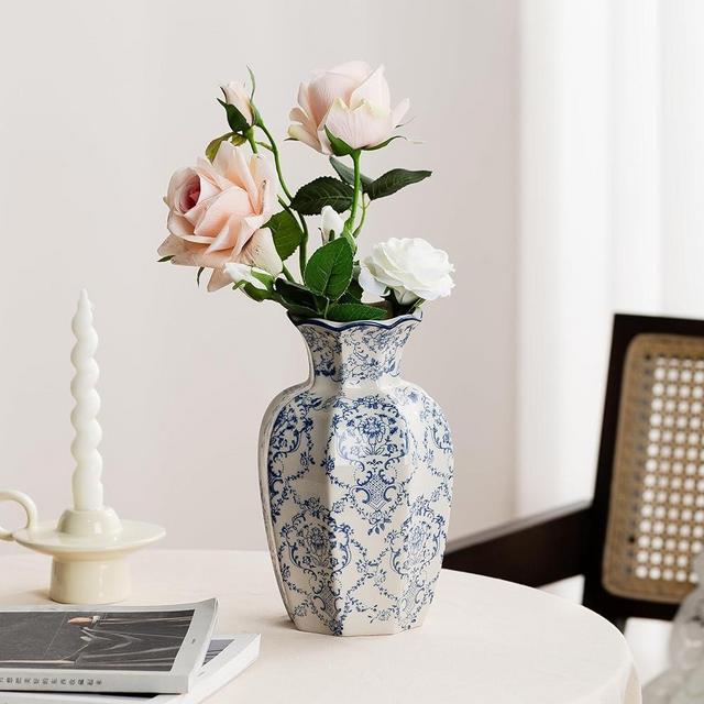 Blue and White Vase, Vintage Blue Ceramic Flower Vessel,Ceramic vases for Home Decor,Vintage Green and Beige for Console Table Mantle Chinoiserie Decor (Blue and White-01, Large)