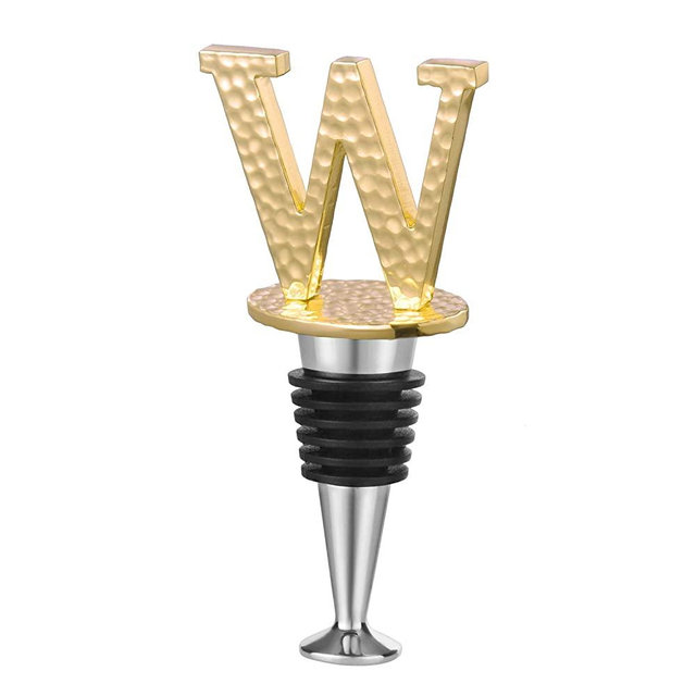 Miicol Initial Letter Wine Stopper, Monogram Hammered Metal, Perfect Wine Gift, Elegance Meets Utility, Wide Used in Kitchen Decor, Bar, Wedding Party, Gold Finish, Letter (A to Z) W