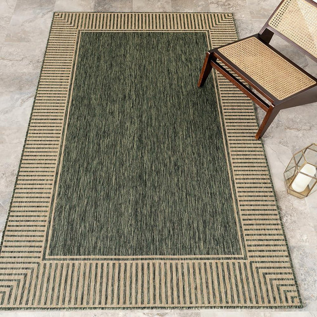Nuloom Asha Green/Brown, 8' x 10', Casual, Striped Border, Soft and Cozy, High Traffic, Stain Resistant, Easy Clean, Durable Area Rug for Indoor/Outdoor Patio, Deck, Porch, Garden, Courtyard