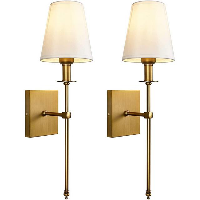 Passica Decor Modern Antique Brass Wall Sconce Set of Two, with Vertical Rod and White Fabric Flared Shade,Versatile Used in Bathroom Vanity Stairway Fireplace Kitchen Sink Living Room Bedroom