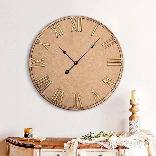 Large Wall Clock, Vintage Silent Non_Ticking Big Rustic Farmhouse Wall Clocks, Linen, Metal, Battery Operated, Home Decorations for Living/Dining Room,Kitchen, Office, Bedroom, Hotels, 24 inch.
