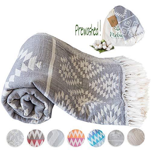 Mebien Turkish Beach Bath Towel Peshtemal-Luxury Prewashed Cotton Blanket Vintage D.Grey 33x66inches