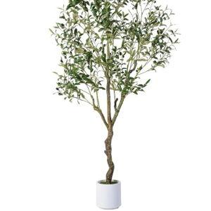 Artificial Olive Tree 6FT, Indoor Fake Silk Plant with Realistic Trunk, Leaves, Fruits and White Planter, Faux Potted Tree for Home Decor and Housewarming Gift, 1 Pack