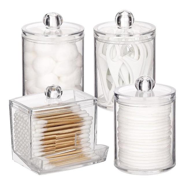 Tbestmax 4 Pack Qtip Holder Bathroom Container, 10/7oz Plastic Cotton Ball/Swabs Dispenser, Clear Apothecary Jar with Lids for Organizer and Storage