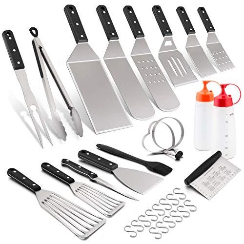 Leonyo Griddle Grilling Barbecue Accessories Tool Set of 18, Stainless Steel Metal Spatula for Flat Top Teppanyaki BBQ Gas Cooking, BBQ Tongs, Flip Fork, 2 x Egg Rings, Steak Knives, BBQ Fork