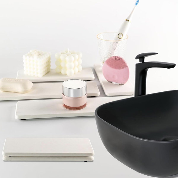 2 Pcs Water Absorbing Stone Trays, Kitchen/Bathroom Sink Soap Dish, Diatomite Tray Used for Hand Soap & Cosmetic Bottles in The Modern Home, 3.15" W x 8.7" L, White