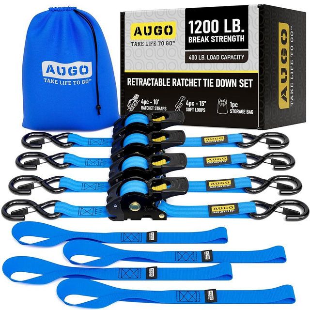 AUGO Retractable Ratchet Straps | 4 Heavy Duty Ratchet Straps Self Retractable Tie Downs with Soft Loops & Storage Bag for Motorcycle, Truck, Trailer, Cargo Van | 1200 Lb Break Strength 1” x 10’